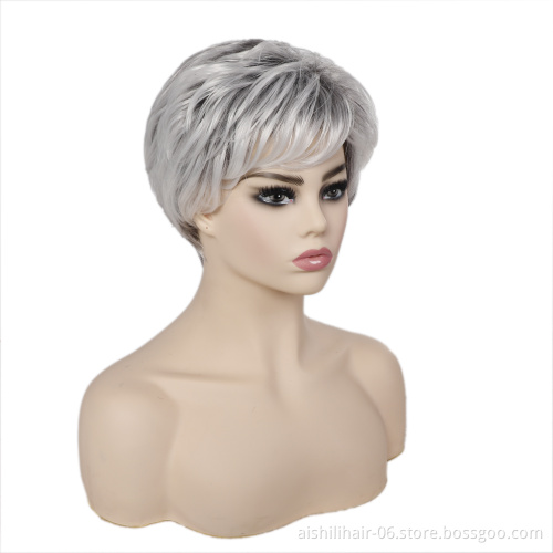 Wholesale stort ombre silvery with gary color wig with  natural bangs synthetic hair wigs for women